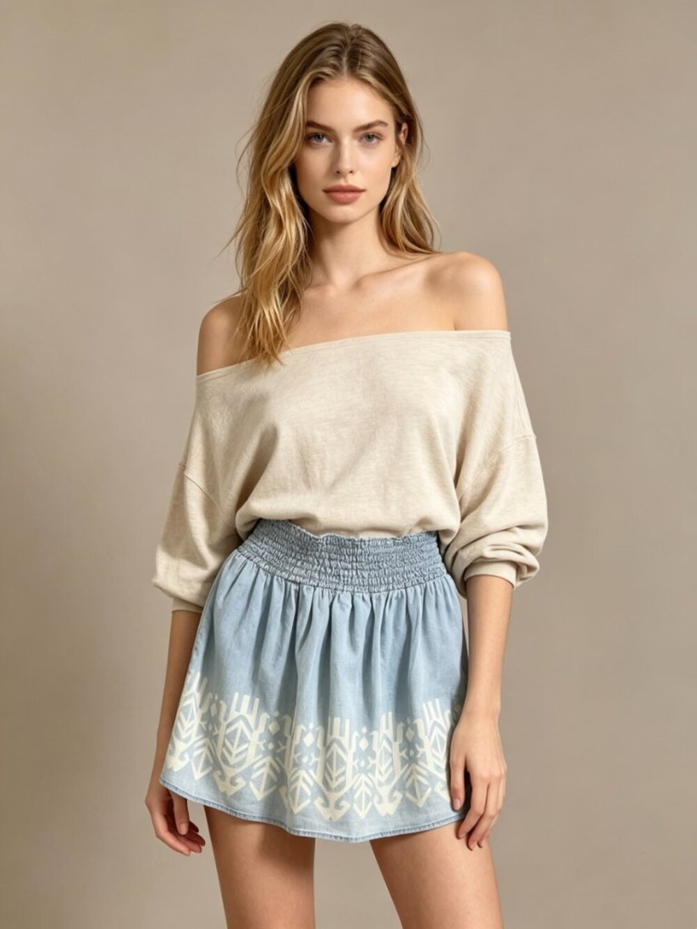 NWT Love Stitch Mini Skirt Size L Smocked Elastic Waist Blue Chambray